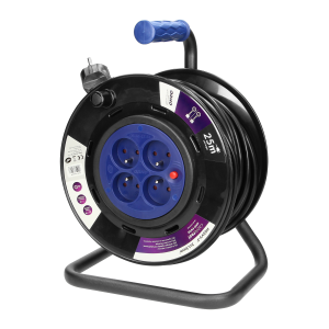 Przedłużacz bębnowy, 4 gniazda 2P+Z, kabel PVC H05VV-F 3x1,5mm², długość 25m, stałe gniazda, termik, przesłony torów prądowych.