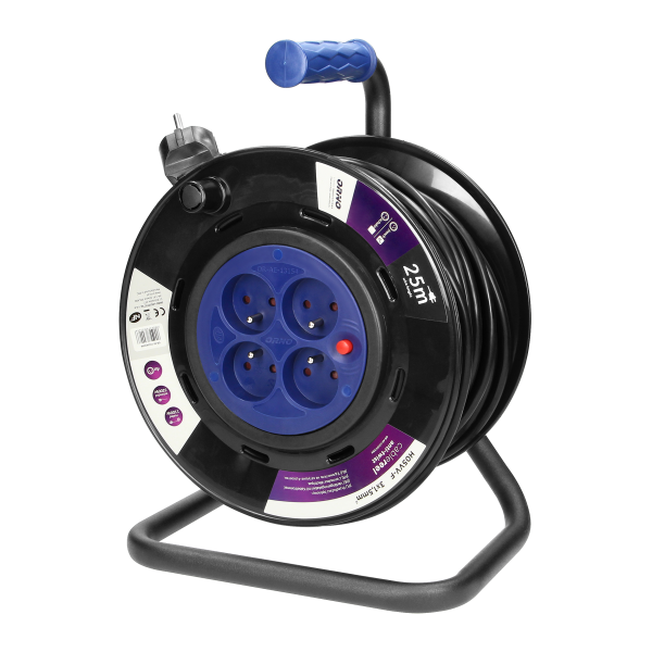 Przedłużacz bębnowy, 4 gniazda 2P+Z, kabel PVC H05VV-F 3x1,5mm², długość 25m, stałe gniazda, termik, przesłony torów prądowych.