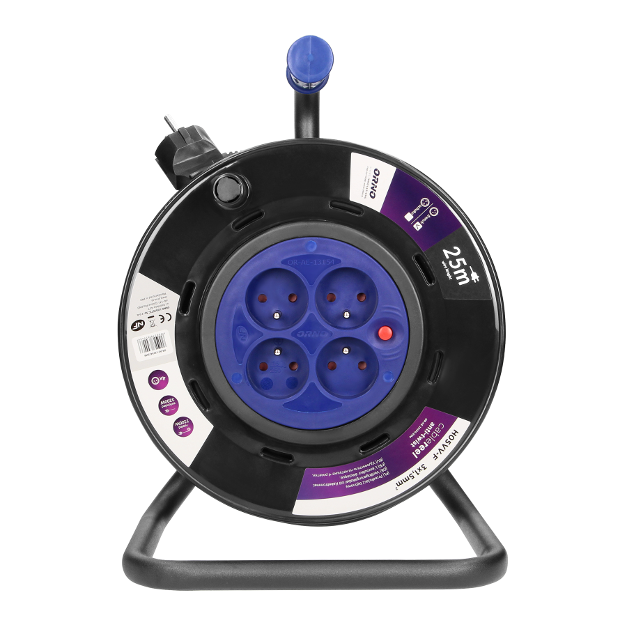 Przedłużacz bębnowy, 4 gniazda 2P+Z, kabel PVC H05VV-F 3x1,5mm², długość 25m, stałe gniazda, termik, przesłony torów prądowych.