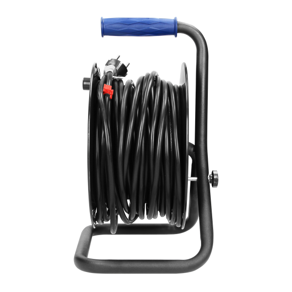 Przedłużacz bębnowy, 4 gniazda 2P+Z, kabel PVC H05VV-F 3x1,5mm², długość 25m, stałe gniazda, termik, przesłony torów prądowych.