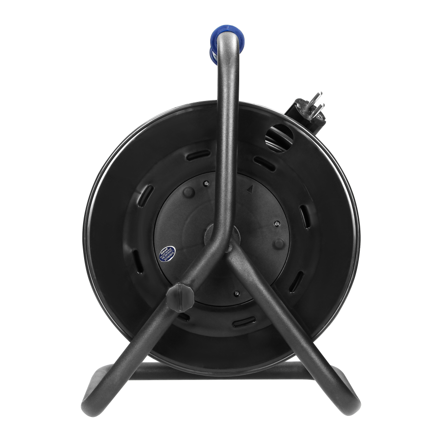 Przedłużacz bębnowy, 4 gniazda 2P+Z, kabel PVC H05VV-F 3x1,5mm², długość 25m, stałe gniazda, termik, przesłony torów prądowych.