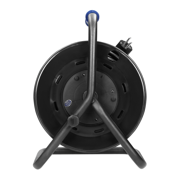 Przedłużacz bębnowy, 4 gniazda 2P+Z, kabel PVC H05VV-F 3x1,5mm², długość 25m, stałe gniazda, termik, przesłony torów prądowych.