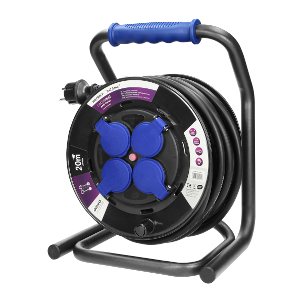 Przedłużacz bębnowy profesjonalny IP44, 4 gniazda 2P+Z, kabel gumowy olejoodporny, H07RN-F 3x2,5mm², długość 20m, unikatowy stojak CUBE, STAŁE GNIAZDA, termik, przesłony torów prądowych.