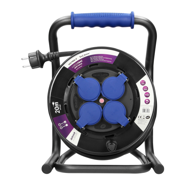 Przedłużacz bębnowy profesjonalny IP44, 4 gniazda 2P+Z, kabel gumowy olejoodporny, H07RN-F 3x2,5mm², długość 20m, unikatowy stojak CUBE, STAŁE GNIAZDA, termik, przesłony torów prądowych.