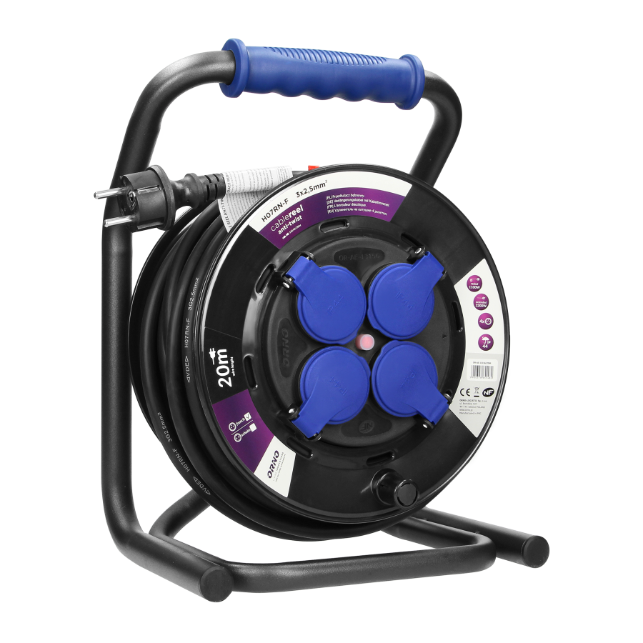 Przedłużacz bębnowy profesjonalny IP44, 4 gniazda 2P+Z, kabel gumowy olejoodporny, H07RN-F 3x2,5mm², długość 20m, unikatowy stojak CUBE, STAŁE GNIAZDA, termik, przesłony torów prądowych.