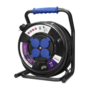 Professional cable reel, IP44, 4 sockets 2P+E, rubber oil-resistant cord, H07RN-F 3x2.5mm² - 30m, unique CUBE stand, 4 fixed sockets, thermal switch and safety shutters
