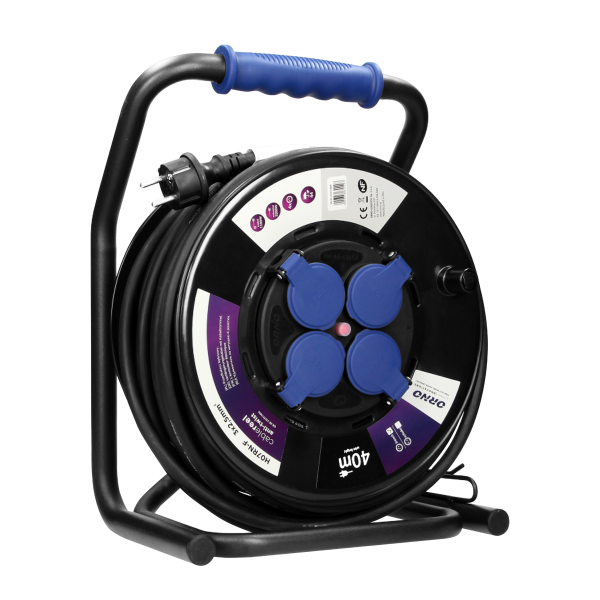 Przedłużacz bębnowy profesjonalny IP44, 4 gniazda 2P+Z, kabel gumowy olejoodporny, H07RN-F 3x2,5mm², długość - 40m, unikatowy stojak CUBE, STAŁE GNIAZDA, termik, przesłony torów prądowych.