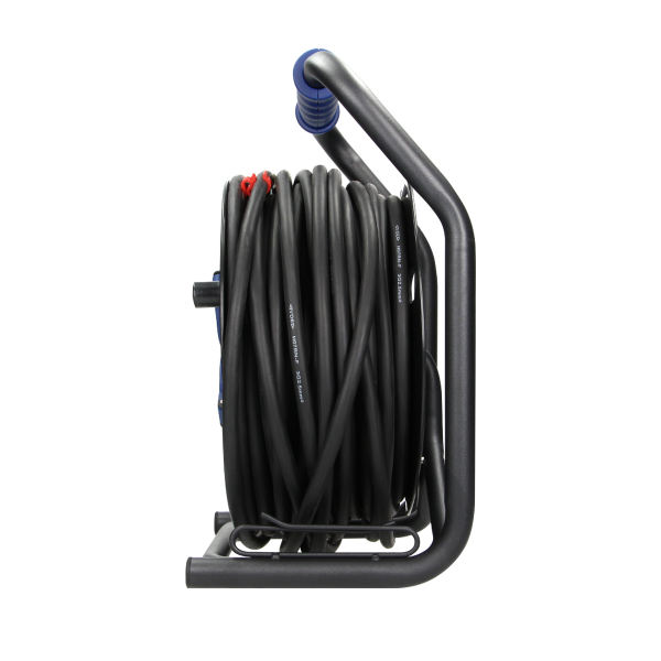 Przedłużacz bębnowy profesjonalny IP44, 4 gniazda 2P+Z, kabel gumowy olejoodporny, H07RN-F 3x2,5mm², długość - 40m, unikatowy stojak CUBE, STAŁE GNIAZDA, termik, przesłony torów prądowych.