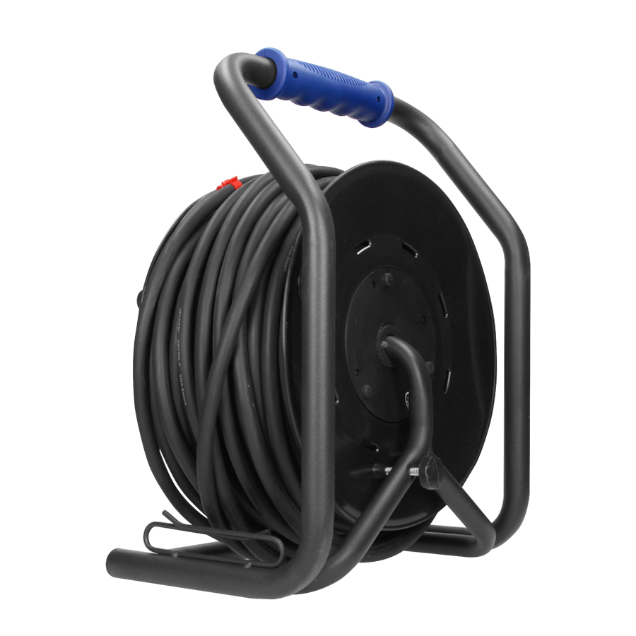 Przedłużacz bębnowy profesjonalny IP44, 4 gniazda 2P+Z, kabel gumowy olejoodporny, H07RN-F 3x2,5mm², długość - 40m, unikatowy stojak CUBE, STAŁE GNIAZDA, termik, przesłony torów prądowych.