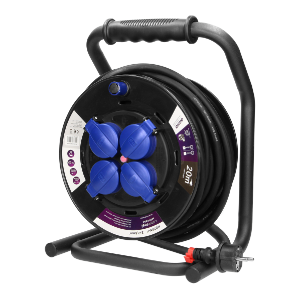 Przedłużacz bębnowy profesjonalny IP44, 4 gniazda 2P+Z (schuko), kabel gumowy olejoodporny, H07RN-F 3x2,5mm², długość 20m, unikatowy stojak CUBE, STAŁE GNIAZDA, termik, przesłony torów prądowych.