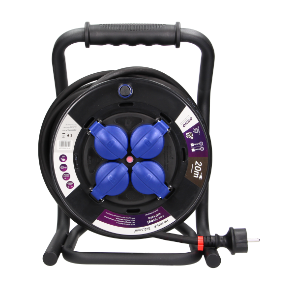 Cable reel, rubber cord, IP44, H07RN-F 3X2.5mm² - 20M, 4 fixed sockets