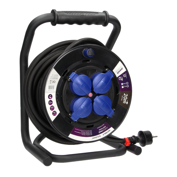 Cable reel, rubber cord, IP44, H07RN-F 3X2.5mm² - 20M, 4 fixed sockets