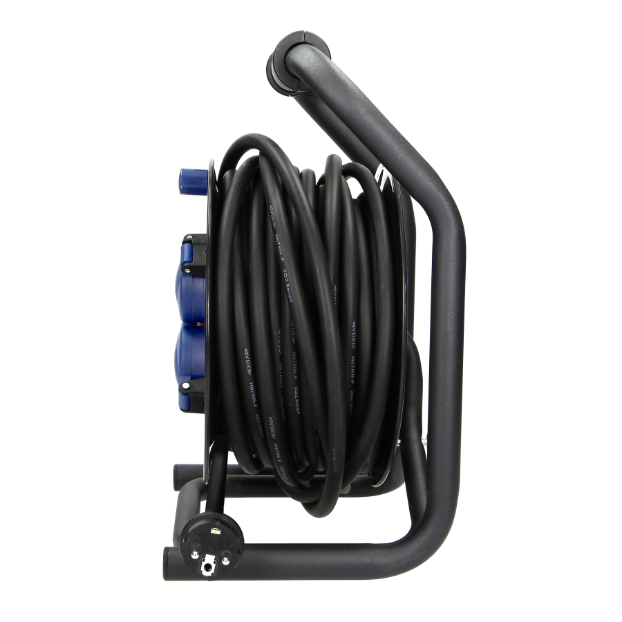 Przedłużacz bębnowy profesjonalny IP44, 4 gniazda 2P+Z (schuko), kabel gumowy olejoodporny, H07RN-F 3x2,5mm², długość 20m, unikatowy stojak CUBE, STAŁE GNIAZDA, termik, przesłony torów prądowych.