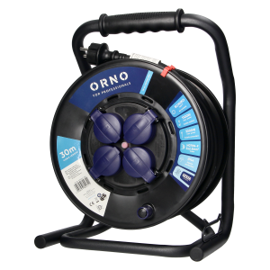 Professional cable reel, IP44, 4 sockets 2P+E (Schuko), rubber oil-resistant cord, H07RN-F 3x2.5mm² - 30m, unique CUBE stand, 4 fixed sockets, thermal switch and safety shutters