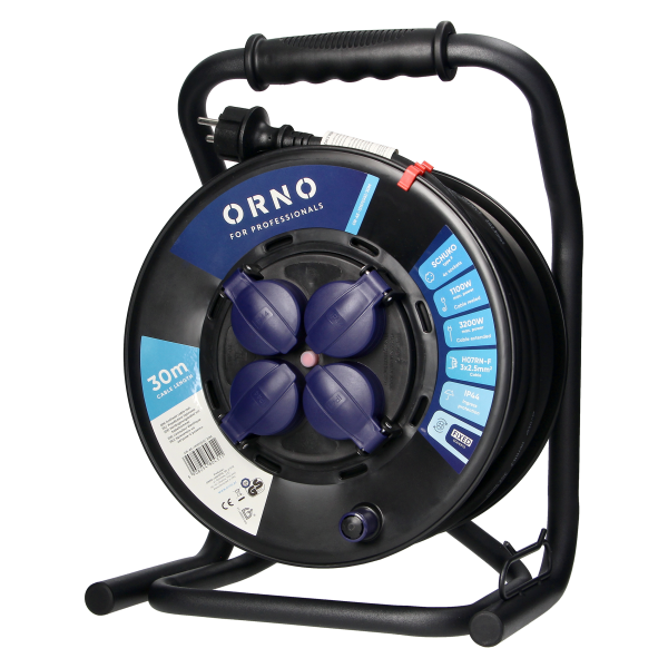 Przedłużacz bębnowy profesjonalny IP44, 4 gniazda 2P+Z (schuko), kabel gumowy olejoodporny, H07RN-F 3x2,5mm², długość 30m, unikatowy stojak CUBE, STAŁE GNIAZDA, termik, przesłony torów prądowych.