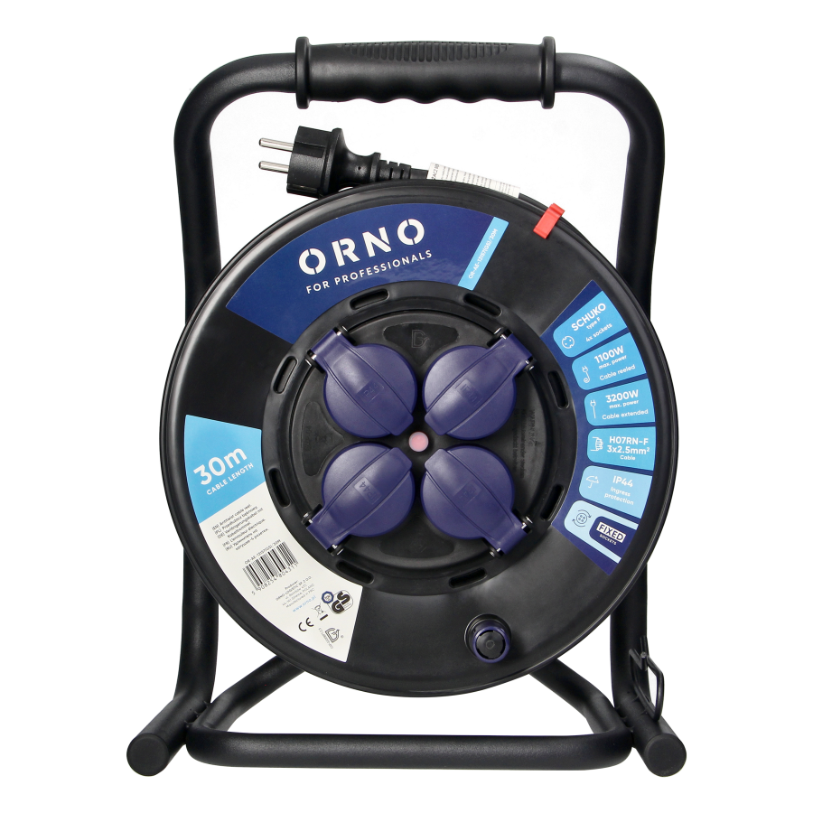 Professional cable reel, IP44, 4 sockets 2P+E (Schuko), rubber oil-resistant cord, H07RN-F 3x2.5mm² - 30m, unique CUBE stand, 4 fixed sockets, thermal switch and safety shutters