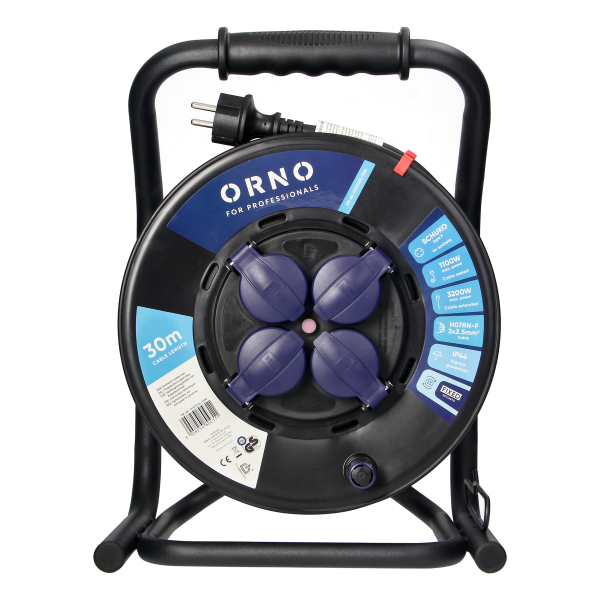 Professional cable reel, IP44, 4 sockets 2P+E (Schuko), rubber oil-resistant cord, H07RN-F 3x2.5mm² - 30m, unique CUBE stand, 4 fixed sockets, thermal switch and safety shutters