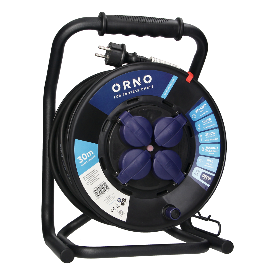 Professional cable reel, IP44, 4 sockets 2P+E (Schuko), rubber oil-resistant cord, H07RN-F 3x2.5mm² - 30m, unique CUBE stand, 4 fixed sockets, thermal switch and safety shutters