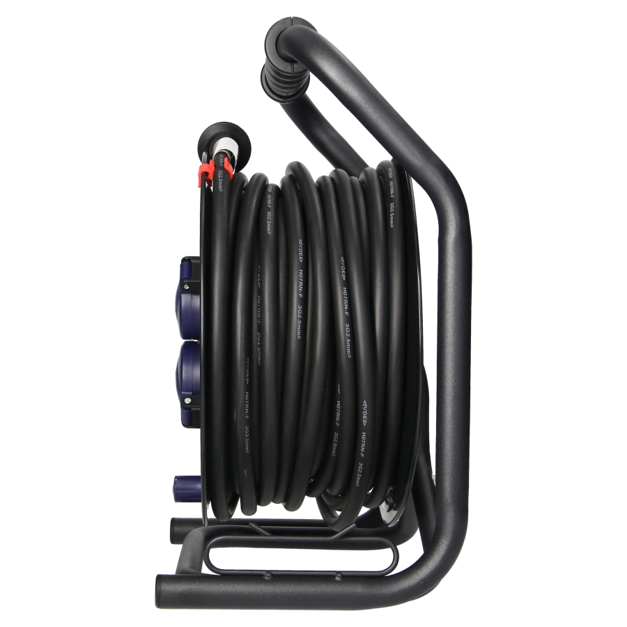 Przedłużacz bębnowy profesjonalny IP44, 4 gniazda 2P+Z (schuko), kabel gumowy olejoodporny, H07RN-F 3x2,5mm², długość 30m, unikatowy stojak CUBE, STAŁE GNIAZDA, termik, przesłony torów prądowych.