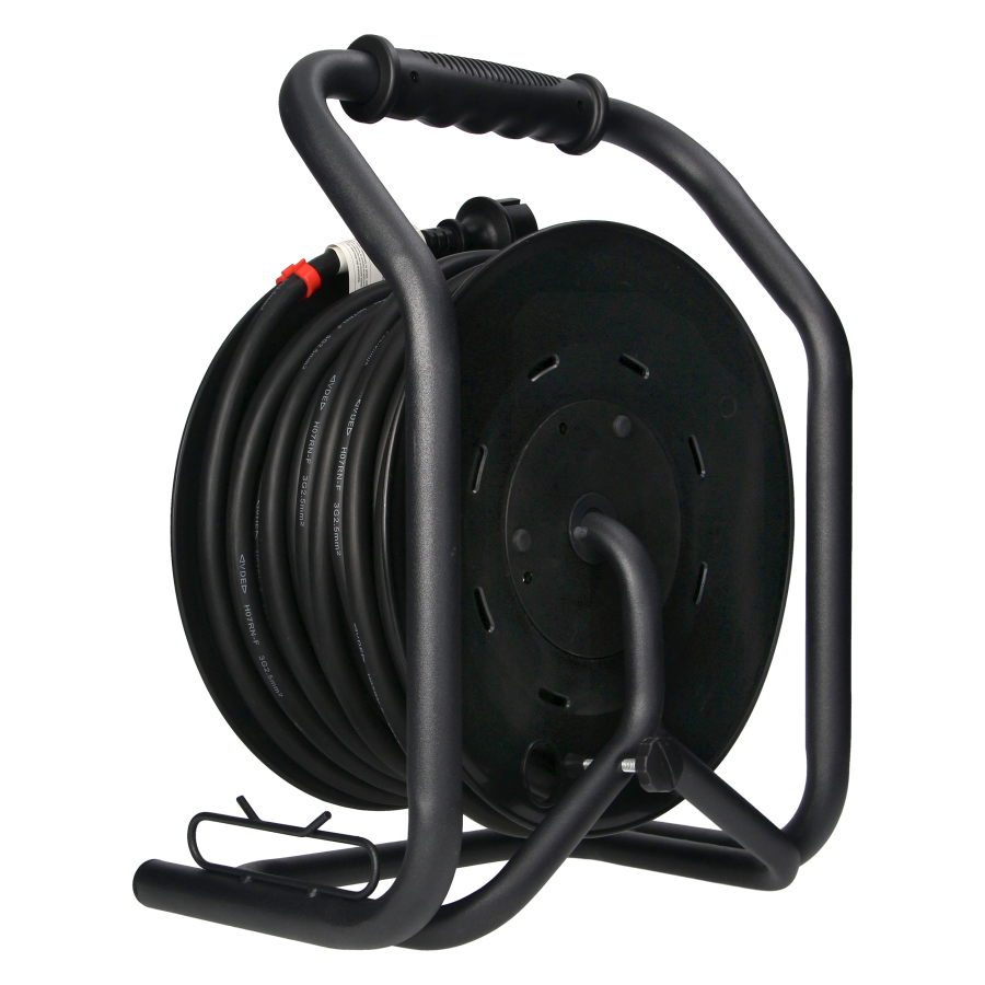 Professional cable reel, IP44, 4 sockets 2P+E (Schuko), rubber oil-resistant cord, H07RN-F 3x2.5mm² - 30m, unique CUBE stand, 4 fixed sockets, thermal switch and safety shutters