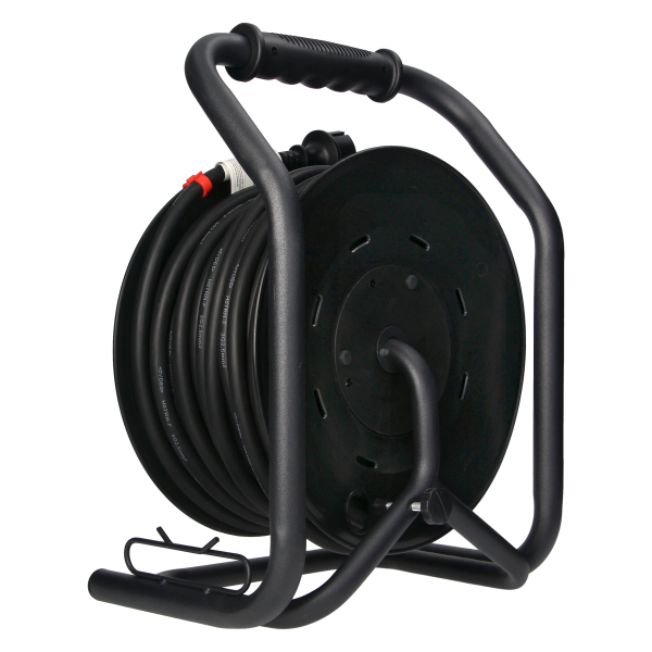 Professional cable reel, IP44, 4 sockets 2P+E (Schuko), rubber oil-resistant cord, H07RN-F 3x2.5mm² - 30m, unique CUBE stand, 4 fixed sockets, thermal switch and safety shutters