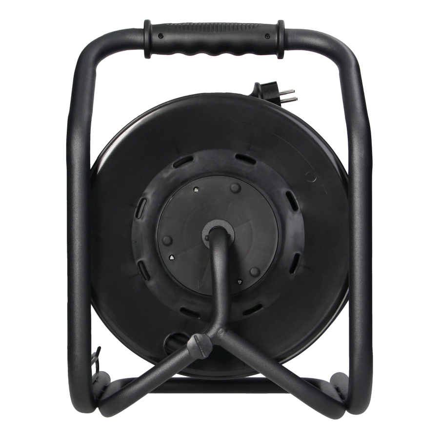 Professional cable reel, IP44, 4 sockets 2P+E (Schuko), rubber oil-resistant cord, H07RN-F 3x2.5mm² - 30m, unique CUBE stand, 4 fixed sockets, thermal switch and safety shutters