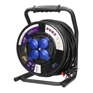 Przedłużacz bębnowy profesjonalny IP44, 4 gniazda 2P+Z (Schuko), kabel gumowy olejoodporny, H07RN-F 3x2,5mm², długość 40m, unikatowy stojak CUBE, STAŁE GNIAZDA, termik, przesłony torów prądowych.