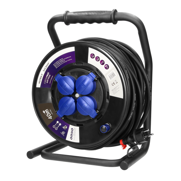 Przedłużacz bębnowy profesjonalny IP44, 4 gniazda 2P+Z (Schuko), kabel gumowy olejoodporny, H07RN-F 3x2,5mm², długość 40m, unikatowy stojak CUBE, STAŁE GNIAZDA, termik, przesłony torów prądowych.