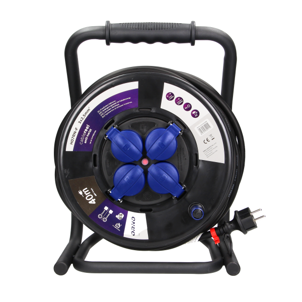 Przedłużacz bębnowy profesjonalny IP44, 4 gniazda 2P+Z (Schuko), kabel gumowy olejoodporny, H07RN-F 3x2,5mm², długość 40m, unikatowy stojak CUBE, STAŁE GNIAZDA, termik, przesłony torów prądowych.