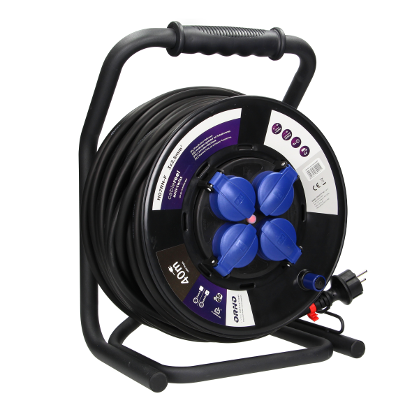 Cable reel, rubber cord, IP44, H07RN-F 3x2.5mm² - 40m, 4 x 2P+E (schuko) fixed sockets