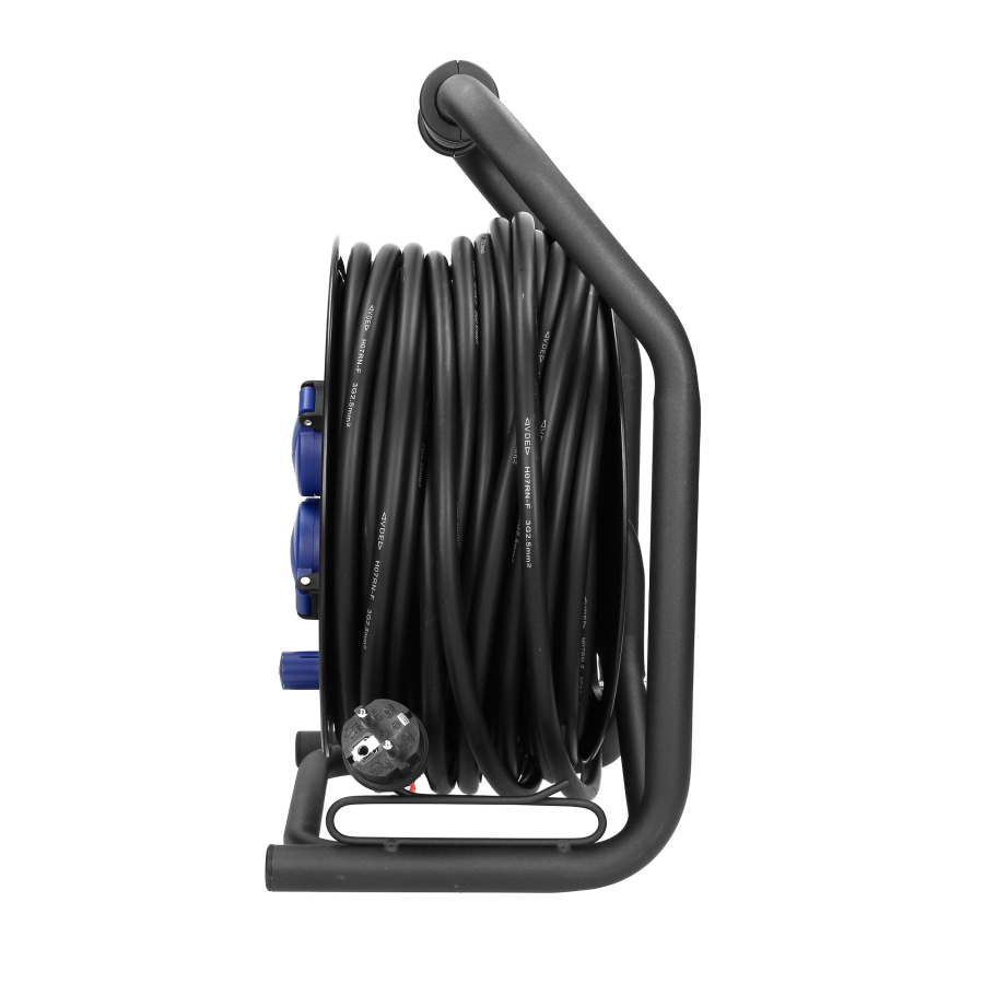 Przedłużacz bębnowy profesjonalny IP44, 4 gniazda 2P+Z (Schuko), kabel gumowy olejoodporny, H07RN-F 3x2,5mm², długość 40m, unikatowy stojak CUBE, STAŁE GNIAZDA, termik, przesłony torów prądowych.