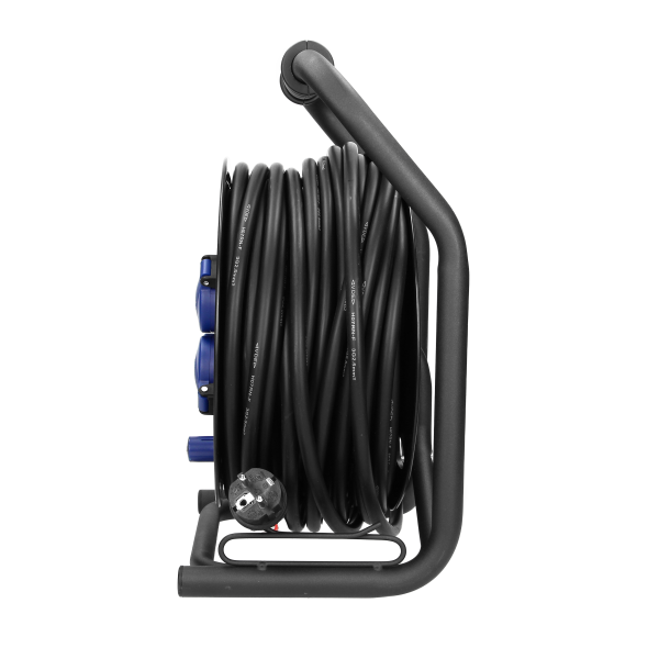 Przedłużacz bębnowy profesjonalny IP44, 4 gniazda 2P+Z (Schuko), kabel gumowy olejoodporny, H07RN-F 3x2,5mm², długość 40m, unikatowy stojak CUBE, STAŁE GNIAZDA, termik, przesłony torów prądowych.