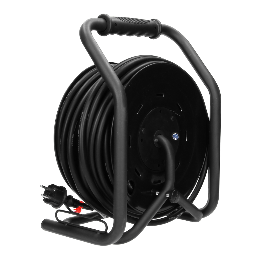 Przedłużacz bębnowy profesjonalny IP44, 4 gniazda 2P+Z (Schuko), kabel gumowy olejoodporny, H07RN-F 3x2,5mm², długość 40m, unikatowy stojak CUBE, STAŁE GNIAZDA, termik, przesłony torów prądowych.