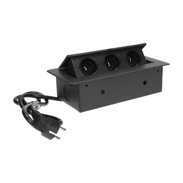 Recessed furniture sockets 3x2P+E with 3m cable, flat and milled edge, black