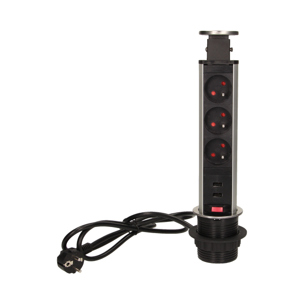 Gniazdo meblowe Ø6cm wysuwane z blatu z ładowarką USB, blokadą i przewodem 1,8m, 3x2P+Z, 2xUSB, INOX