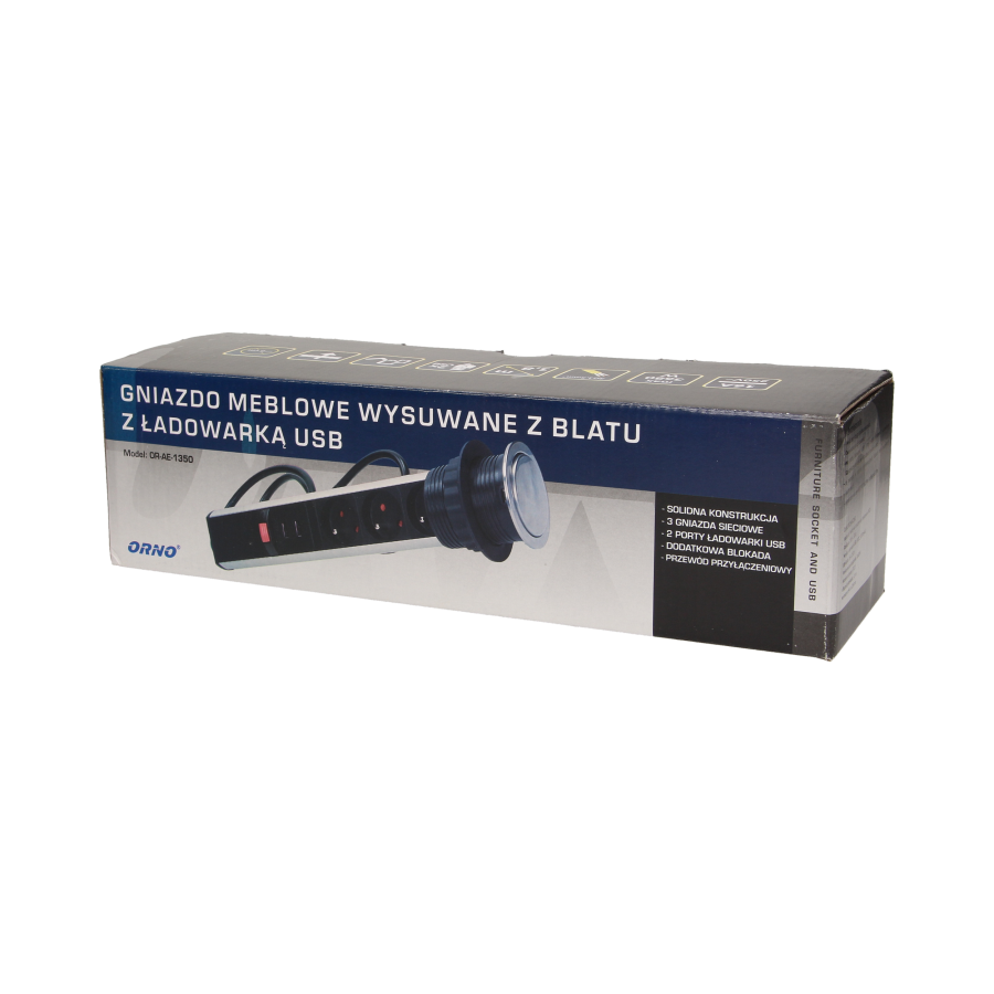 Gniazdo meblowe Ø6cm wysuwane z blatu z ładowarką USB, blokadą i przewodem 1,8m, 3x2P+Z, 2xUSB, INOX