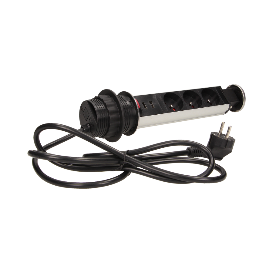 Gniazdo meblowe Ø6cm wysuwane z blatu z ładowarką USB, blokadą i przewodem 1,8m, 3x2P+Z, 2xUSB, INOX