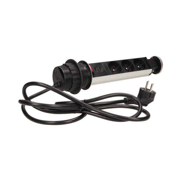 Gniazdo meblowe Ø6cm wysuwane z blatu z ładowarką USB, blokadą i przewodem 1,8m, 3x2P+Z, 2xUSB, INOX