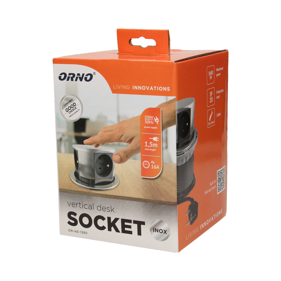 Flush-fitting furniture socket with 1.5m cable, INOX