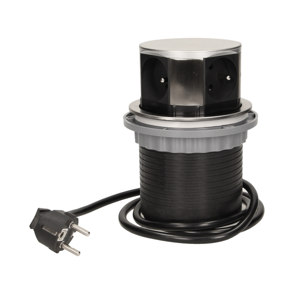 Gniazdo meblowe Ø10cm wysuwane z blatu z przewodem 1,5m, 4x2P+Z, INOX