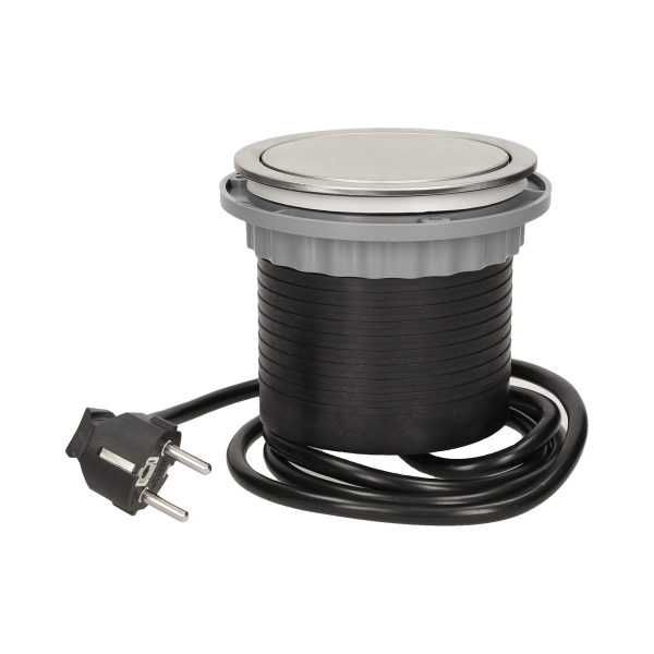 Gniazdo meblowe Ø10cm wysuwane z blatu z przewodem 1,5m, 4x2P+Z, INOX