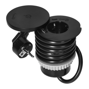 Furniture socket Ø6cm with rotative cover, induction charger, USB charger and 1.5m cable, 1x2P+E (Schuko), Qi 1.2.4 max. 10W, 2xUSB (type A and type C, 2.4A), black