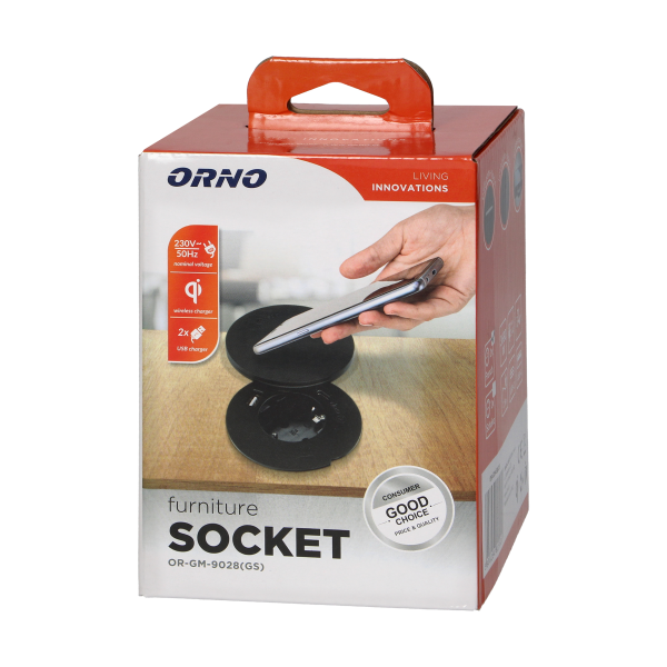 Furniture socket Ø6cm with rotative cover, induction charger, USB charger and 1.5m cable, 1x2P+E (Schuko), Qi 1.2.4 max. 10W, 2xUSB (type A and type C, 2.4A), black