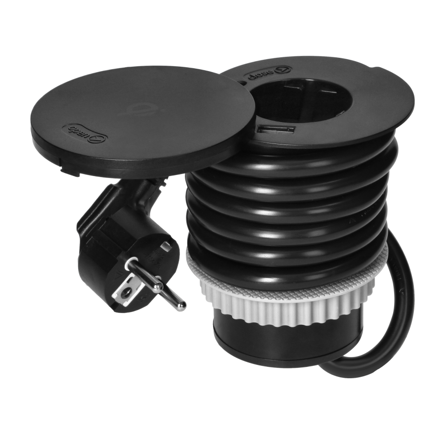 Gniazdo meblowe Ø6cm z rotacyjną pokrywą, ładowarką indukcyjną, ładowarką USB i przewodem 1,5m, 1x2P+Z (Schuko), Qi 1.2.4 max. 10W, 2xUSB (typ A i typ C, 2,4A), czarne