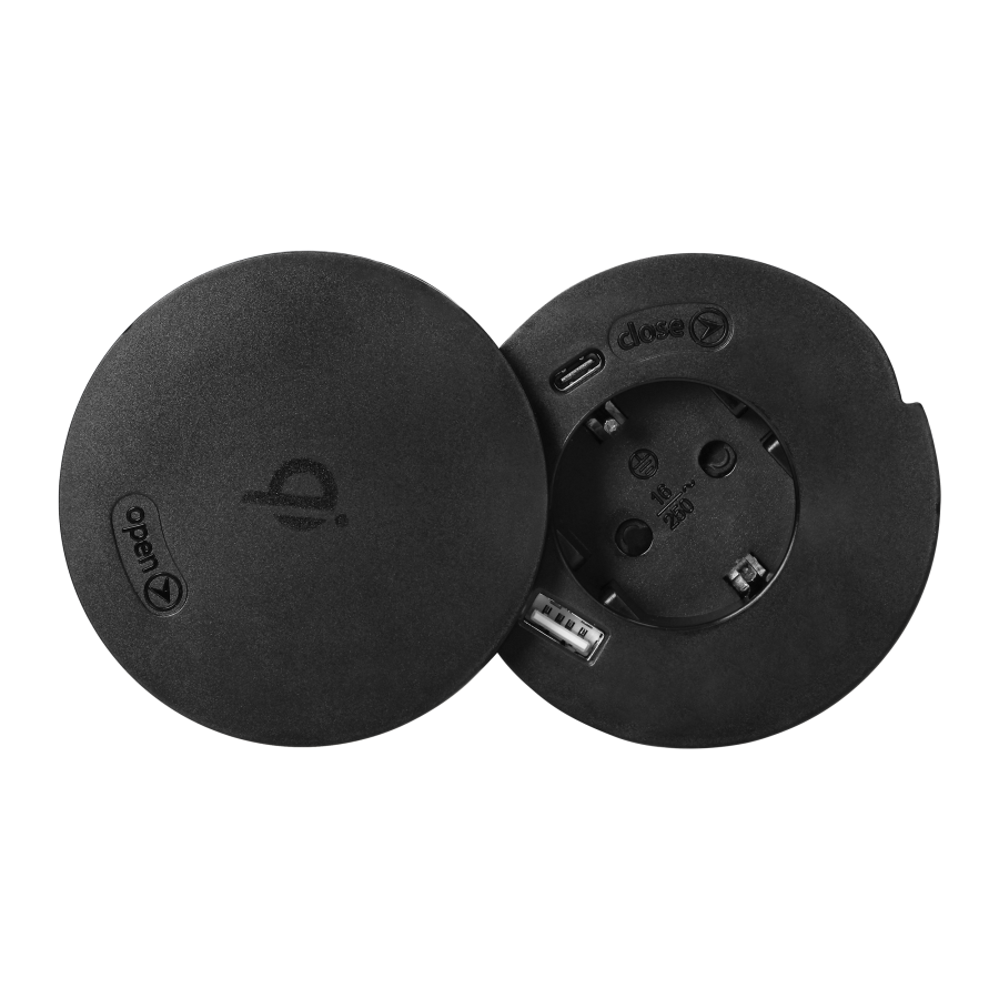 Gniazdo meblowe Ø6cm z rotacyjną pokrywą, ładowarką indukcyjną, ładowarką USB i przewodem 1,5m, 1x2P+Z (Schuko), Qi 1.2.4 max. 10W, 2xUSB (typ A i typ C, 2,4A), czarne