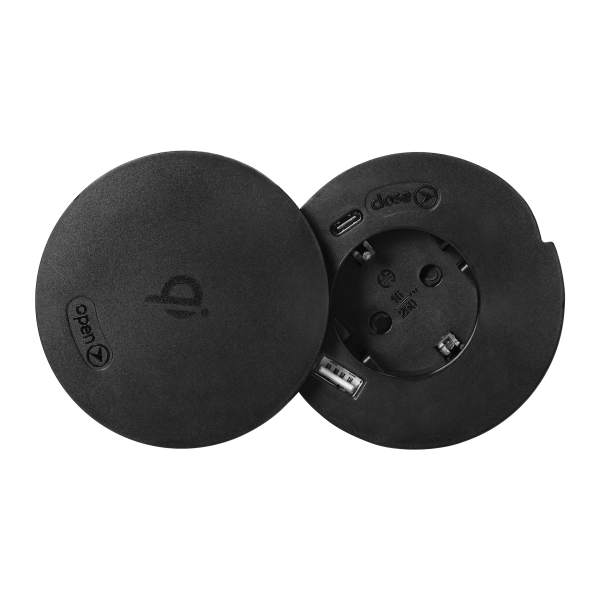 Gniazdo meblowe Ø6cm z rotacyjną pokrywą, ładowarką indukcyjną, ładowarką USB i przewodem 1,5m, 1x2P+Z (Schuko), Qi 1.2.4 max. 10W, 2xUSB (typ A i typ C, 2,4A), czarne