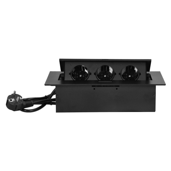 Recessed furniture socket with flat edge and 1.5m cable, 3x2P+E (Schuko), black