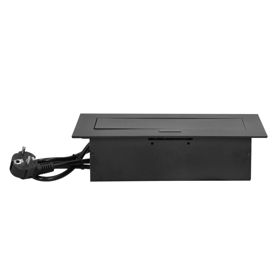 Recessed furniture socket with flat edge and 1.5m cable, 3x2P+E (Schuko), black