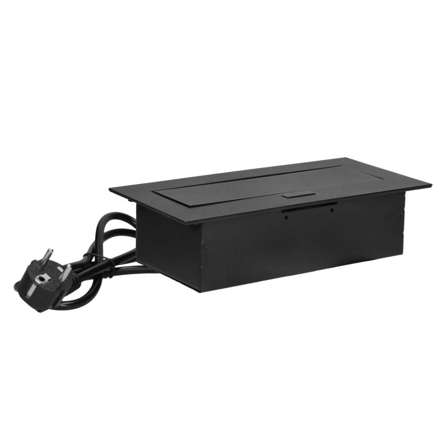 Recessed furniture socket with flat edge and 1.5m cable, 3x2P+E (Schuko), black