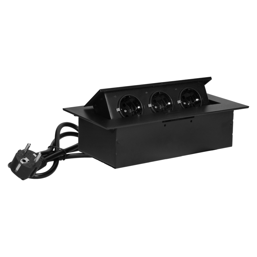 Recessed furniture socket with flat edge and 1.5m cable, 3x2P+E (Schuko), black